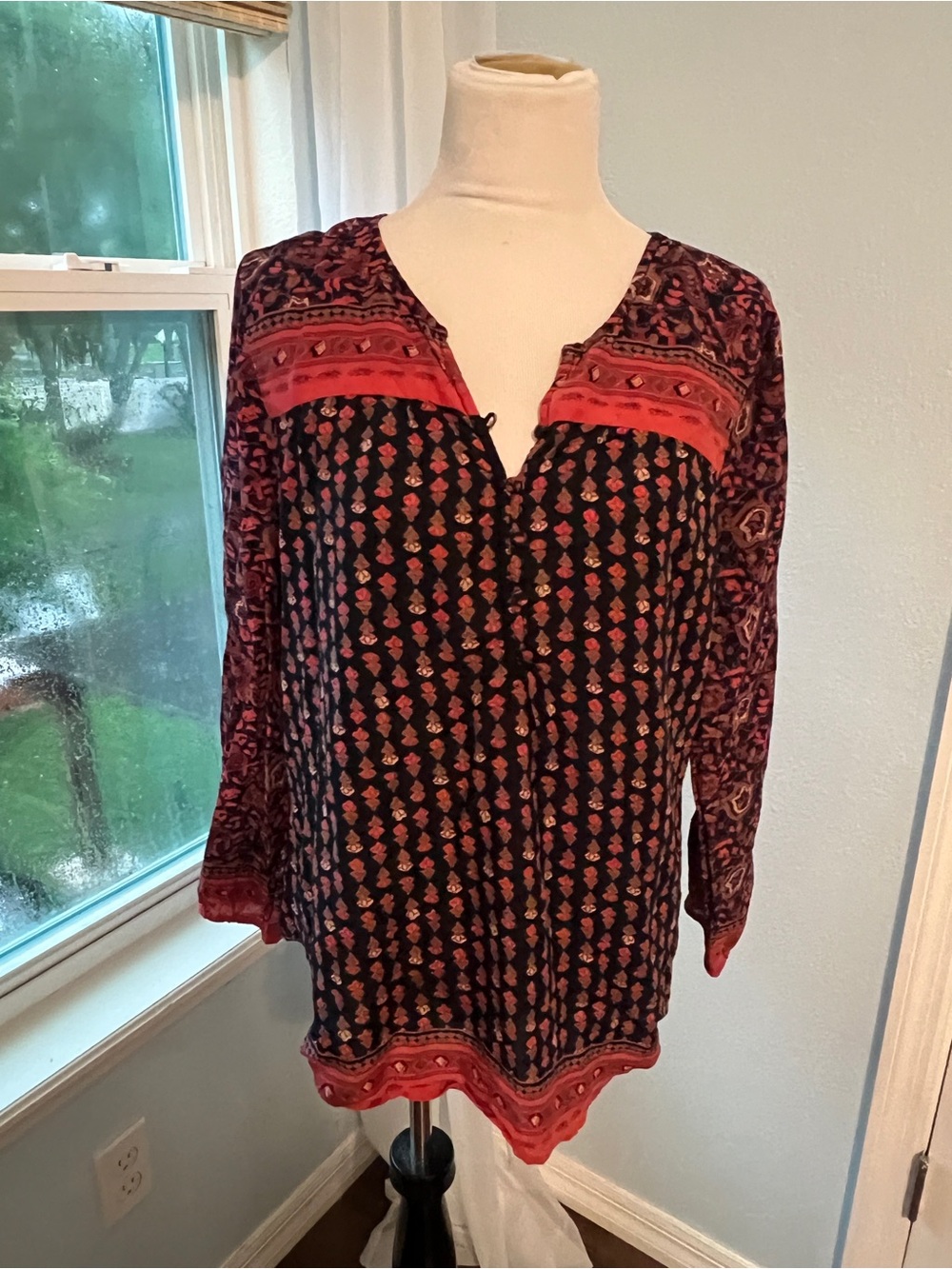 Lucky Brand Black Tunic with Red Floral Border Print
